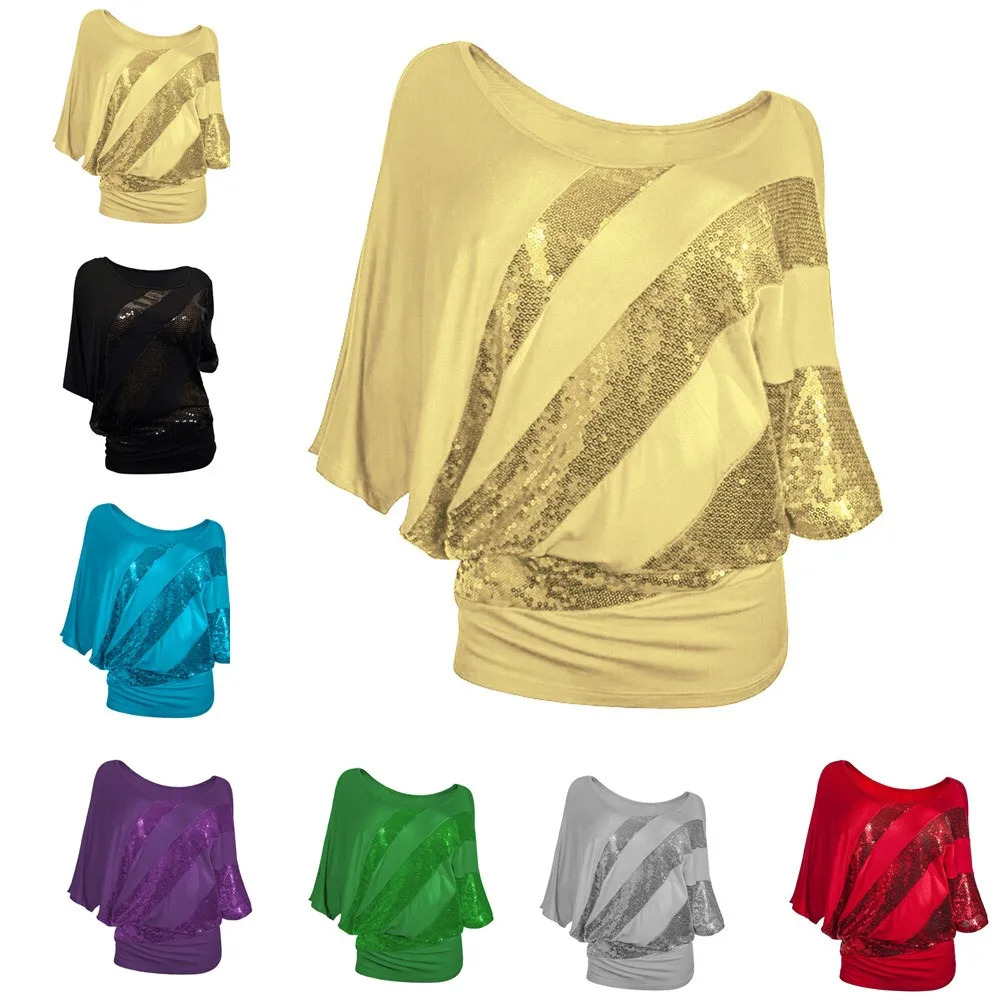 Women Sequin Causel T-Shirt Top Plus Size S-3XL Womens summer clothing t shirt femme in Black Blue Green Gray Purple Red Yellow | Женская