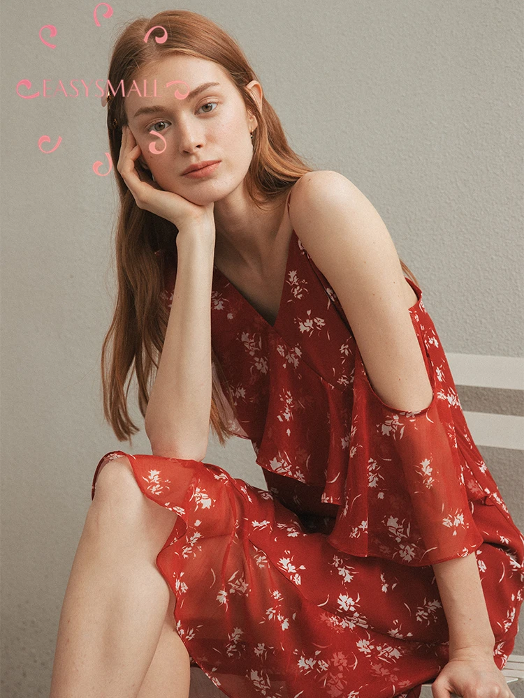 

EASYSMALL Women dress Fashion Summer Stand collar printed chiffon shirt high-end Clothing High Waist Shoulder strap dresses