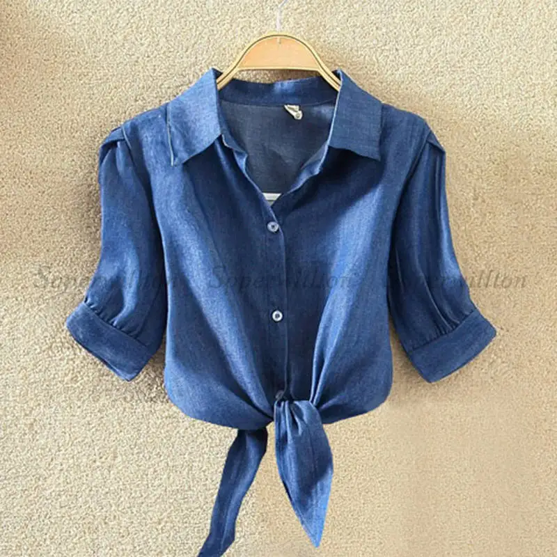 Denim Blue Топ, кимоно, летняя женская блузка, рубашки, повседневные Полосатые блузки, рубашка с бантом, Blusas свободного размера плюс, женская одежда 4xl, топы - Цвет: Denim Blue