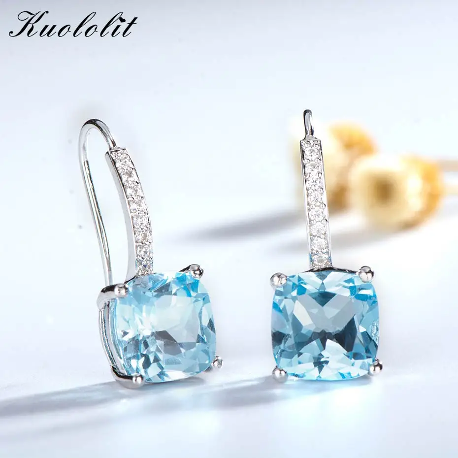 Kuolit 7.6ct натуральный небесно-топаз Драгоценный Камень Висячие серьги для женщин из натуральной 925 пробы Серебряное свадебное ювелирное изделие для помолвки - Цвет камня: topaz earrings