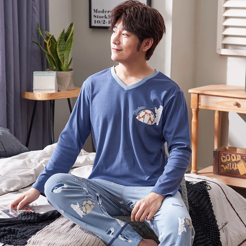 

Plus Size M-3XL Spring 2019 Fashion Couple Pajamas Round Neck Sleepwear Two Piece Set Shirt+Long Pants Casual Pajama Sets