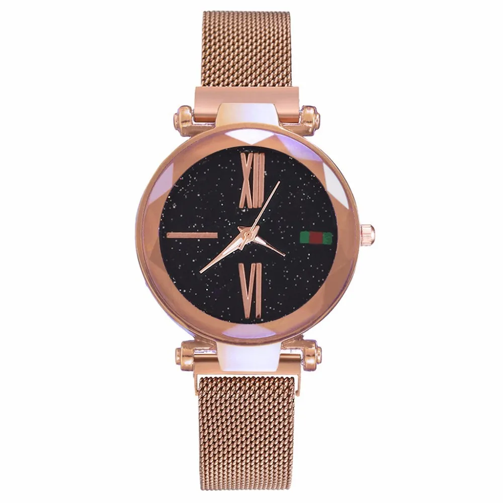 

Women Mesh Magnet Buckle Starry Sky Watch Luxury Fashion Ladies Geometric Surface Roman Numeral Quartz Watch Relogio Feminino