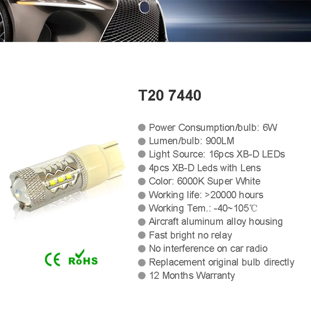 CNSUNNYLIGHT 7440 W21/5W T20 w/ XB-D Chips 16 SMD Автомобильная светодиодная лампа с клиновидным