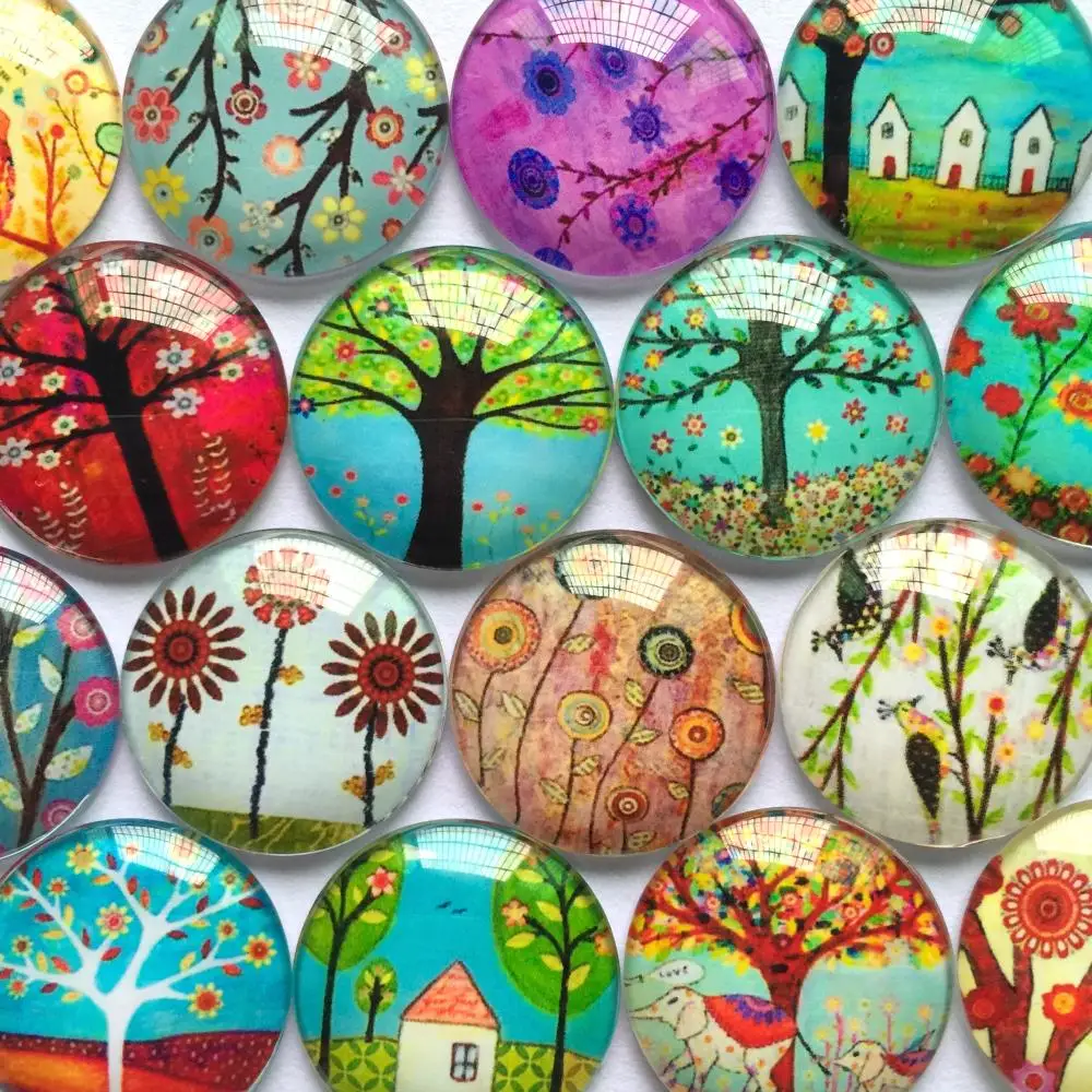 

ZEROUP 12mm 20mm HOT Tree Branch Pattern Round Glass Dome Cabochons Mixed Color Flat Back Pictures DIY Jewelry Findings