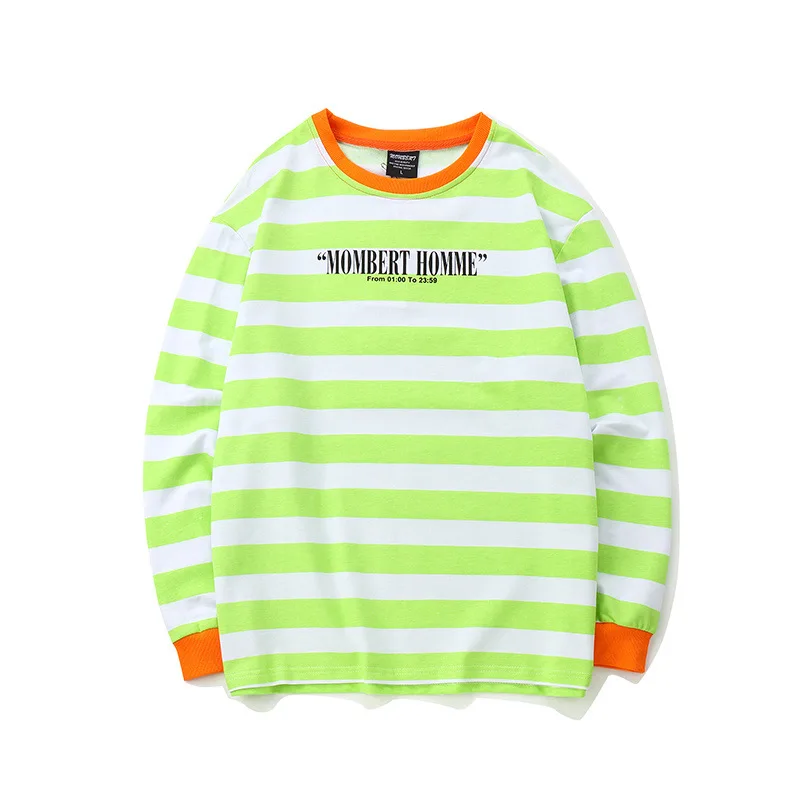 Fluorescent Green Дизайн High Street с буквенным принтом, рубашки с длинным рукавом, мужские хип-хоп осенние хлопковые уличные модные полосатые футболки - Цвет: Fluorescent Green