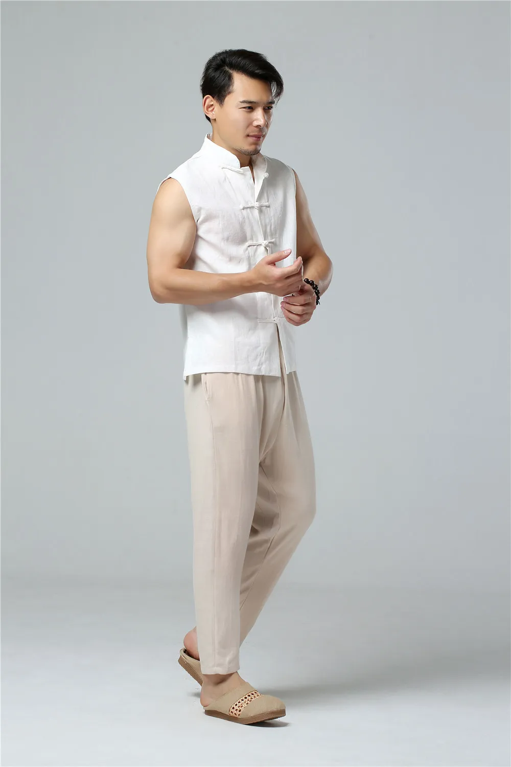 LZJN Men's Summer Waistcoat Chinese Style Vintage Breathable Linen Button Down Kung Fu Shirt Sleeveless Vest Jacket