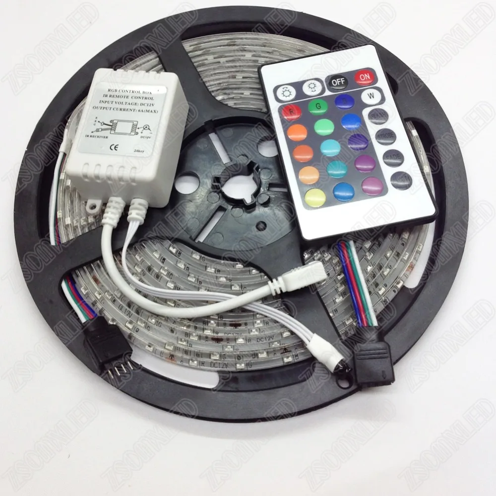 

Waterproof IP65 RGB SMD 3528 5m 60leds/m DC12V Flexible LED Strip light tape + 12V 24keys IR remote controller + Mini receiver