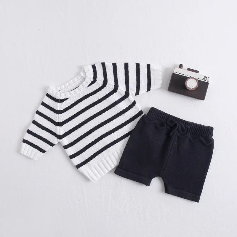 Baby Suit Stripes In Autumn 2019 Love Long-sleeved Jacket And Shorts Two-piece Newborn Boy Clothes |