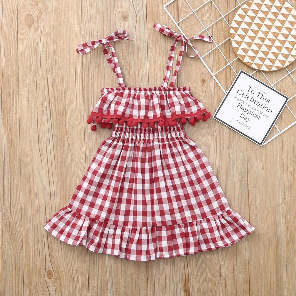 Birthday Party Dress Casual Summer Princess For Kids baby Girls Cotton Sleeveless Condole Belt Tassel Plaid Dresses | Детская одежда и