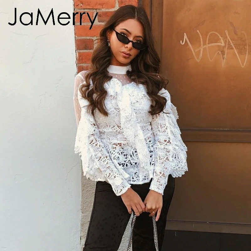 Женская винтажная блузка с рюшами JaMerry белая кружевная сетчатая вышивкой