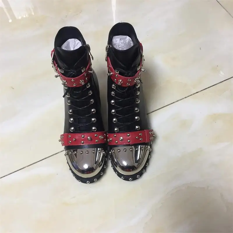Stylesowner/ботинки из натуральной кожи в стиле панк; женская обувь с заклепками и пряжкой на ремешке; ботильоны на квадратном каблуке с металлическим круглым носком; ботинки в байкерском стиле; 43