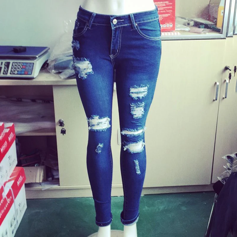1pc New Style Women Fashion Broken Holes Slim Pants Ladies Jeans Spandex ankle-length Zipper Fly Pencil Casual |