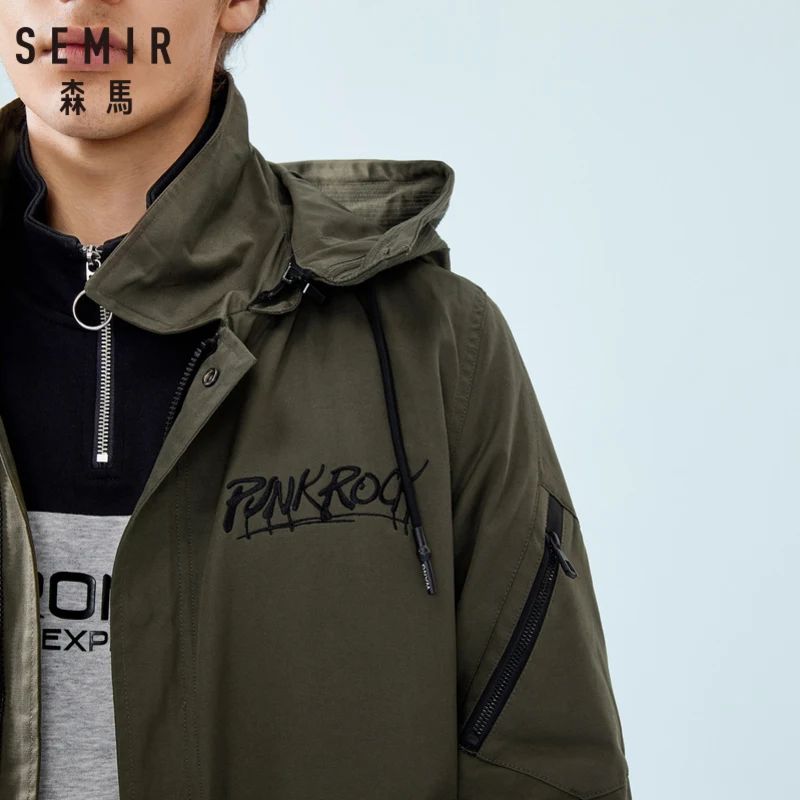 SEMIR мужская длинная куртка с капюшоном на весну и осень карманами молнии