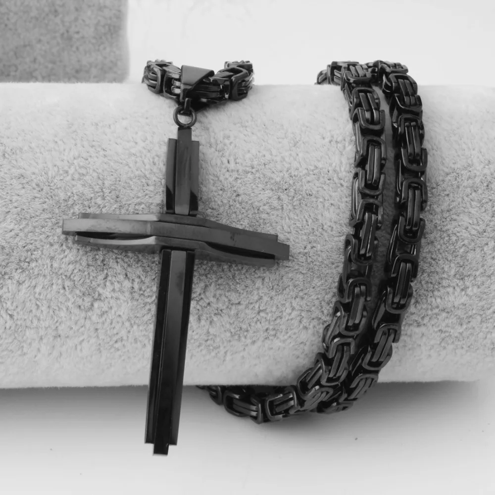 Черное ожерелье из нержавеющей стали с подвеской в виде Креста Иисуса