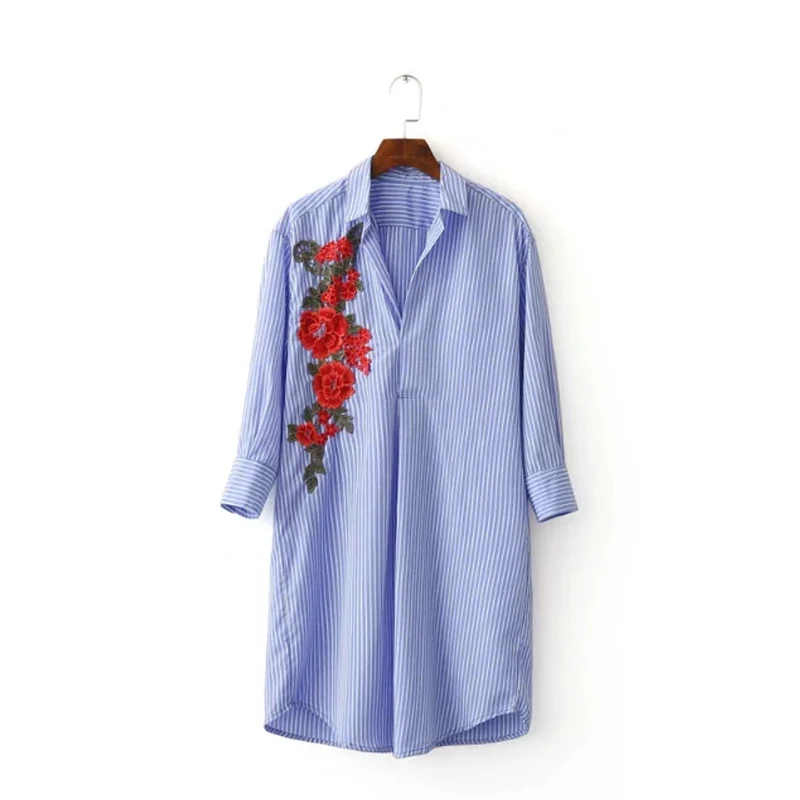 Женские синие блузки с цветочным принтом Повседневная полосатая блузка вышивкой