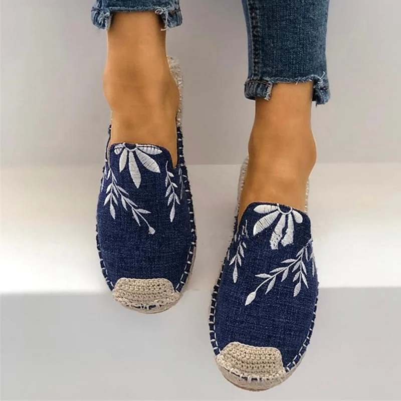 dark blue Женские тапочки на плоской подошве с вышивкой из пеньки; Повседневная парусиновая обувь без шнуровки; прошитая Женская дышащая модная обувь; удобная обувь - Цвет: dark blue
