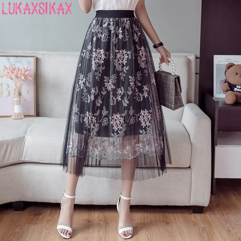 

2019 Spring Autumn Women Skirt Korean Style Sweet Flowers Embroidery Mesh Tulle Skirt Elegant Pleated Midi Skirt Falda Tul
