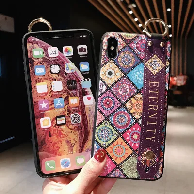 Wrist Strap Case Cover For Iphone 7 8 Plus Phone X XS Soft TPU Silicone Vintage Flower Pattern Holder |