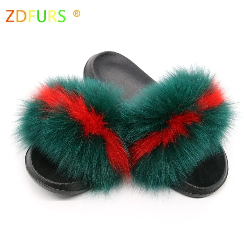 green red ZDFURS/; Лидер продаж; женские шлепанцы с лисьим мехом; Разноцветные Летние модные шлепанцы; женские меховые домашние Вьетнамки; пляжные сандалии - Цвет: green red