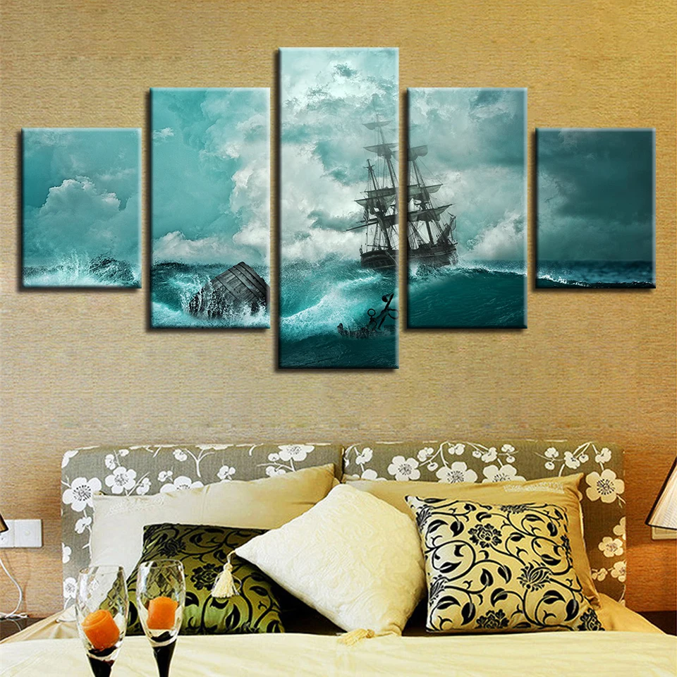 

Wall Art Decor Bedroom 5 Pieces HD Printed Ship On The Sea Sailing Painting Blue Sky White Cloud Scenery Modular Canvas Picture