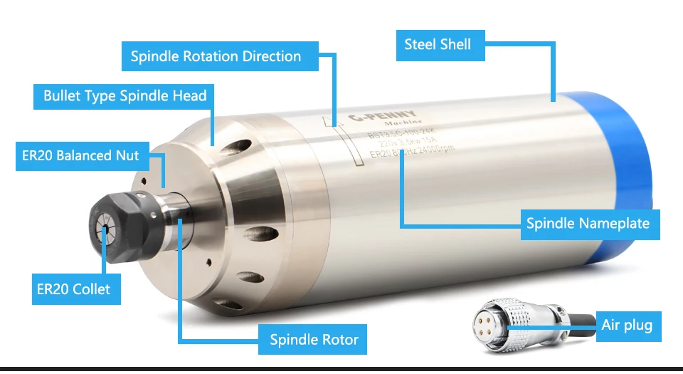 Metal working spindle 3.5kw ER20 water cooled spindle motor pole=4, 800Hz used for metal,copper,iron,stainless steel etc
