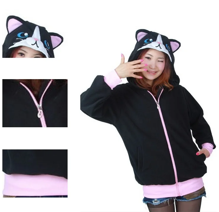 Cartoon Black Cat Sweatshirts Long sleeve with zipper hat Cosplay Costume Men Women Hoodies Animal | Женская одежда