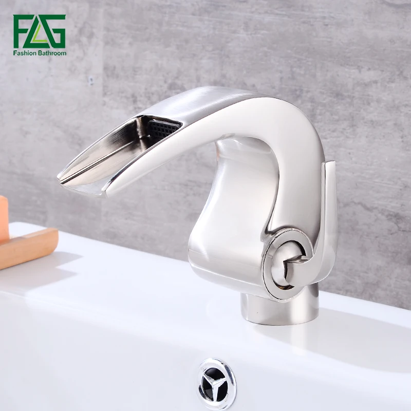 

FLG Brushed Nickel Waterfall Bathroom Faucets Brass Vanity Sink Faucet Deck Mounted Cold and Hot Basin Faucets Mixer Taps 514-11