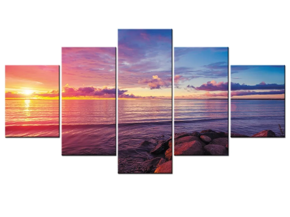 

5 Panel Modern Sunset Beach Wall Art Canvas Prints Ocean Waves On Canvas Home Decoration For Living Room Framed J009-049