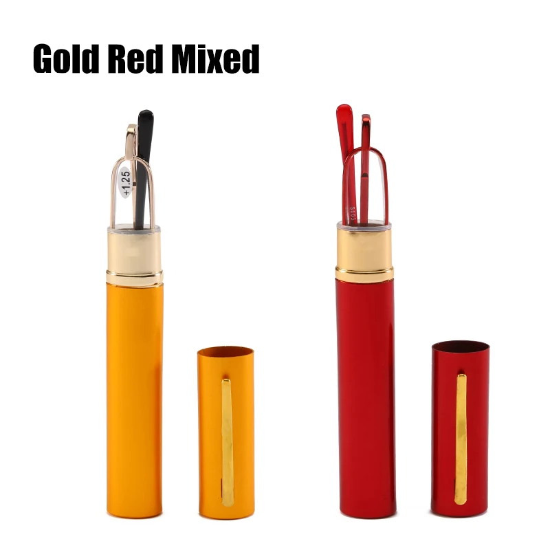 Gold Red Mixed SOOLALA мини тонкий компактный ридер очки для чтения женщин и мужчин дешевые карманные очки для чтения с ручкой клип туба чехол+ от 1,0 до 3,5 - Цвет оправы: Gold Red Mixed