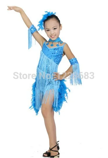 Детское сексуальное короткое с блестками отделкой из перьев латинское платье