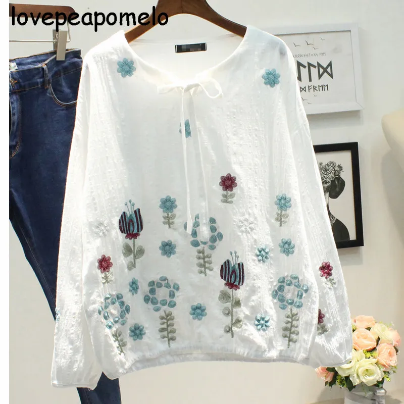 Женская рубашка с цветочной вышивкой Свободный пуловер большого размера