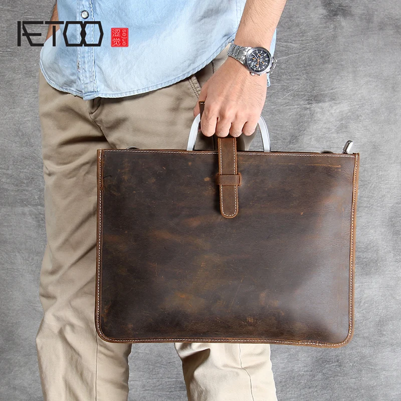 AETOO Simple Classic head cowhide portable briefcase male leather shoulder bag aetoo handmade leather wallet head layer cowhide money clip simple design male and female general