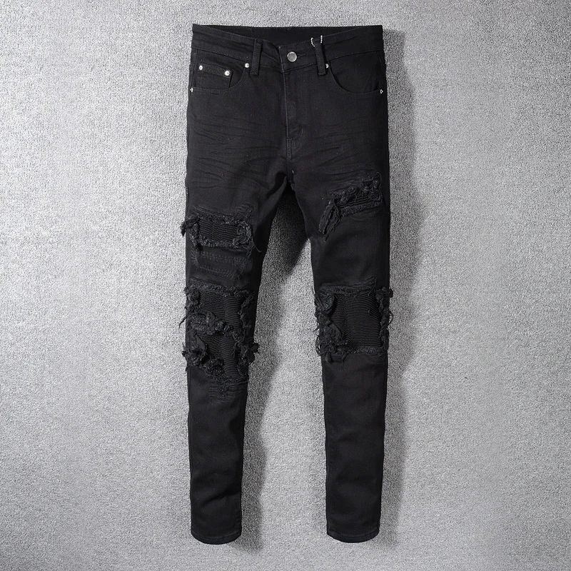 Джинсы мужские рваные, джинсовые брюки-карандаш в стиле пэчворк, зауженные джинсы в стиле хип-хоп, модная уличная одежда, черные