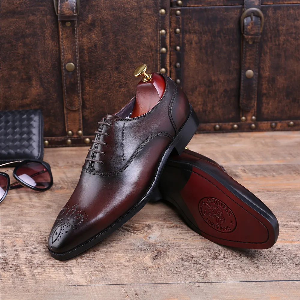 Fashion Black / Brown Tan Goodyear Welt Oxfords Social Shoes Mens Wedding Genuine Leather Business Male Dress | Обувь