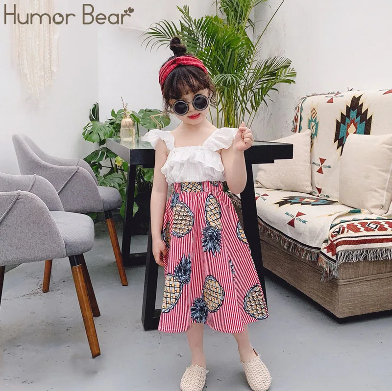 Humor Bear/комплект одежды для девочек, г. Летняя новая милая футболка без рукавов+ Полосатая юбка с фруктами Детский Комплект Одежда для маленьких девочек