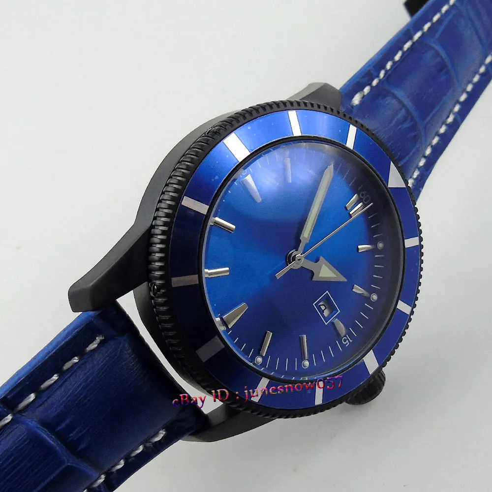 Часы мужские Bliger 46 мм с синим циферблатом синяя рамка светящийся черный PVD чехол