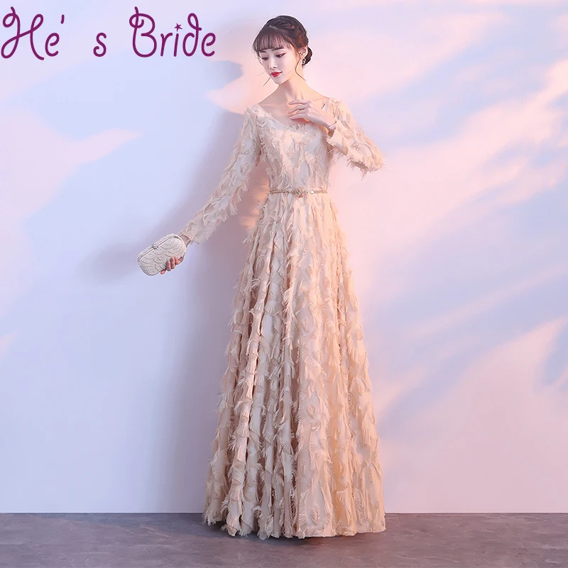 Женское платье с длинным рукавом вечернее в пол из тюля перьями|evening dress|evening dresses