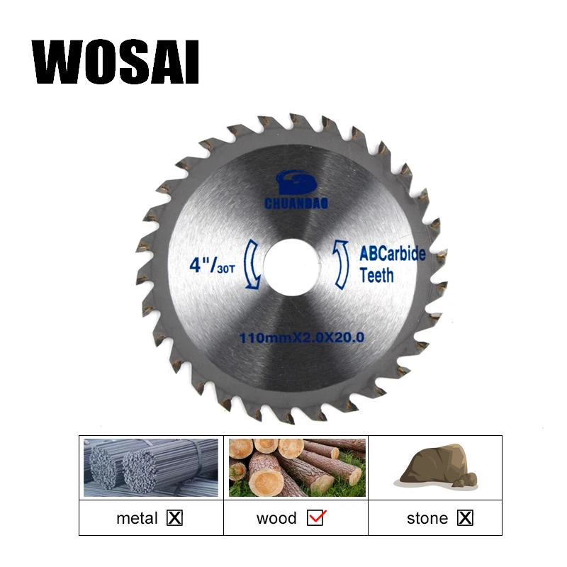 WOSAI 110 мм* 2,0*20 " /30T TCT циркулярное пильное полотно для резки дерева, режущие пильные диски, электроинструмент, точильный станок, аксессуары