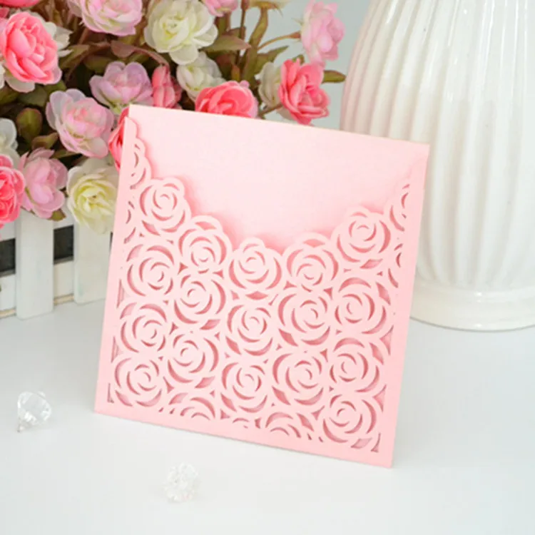 

New arrival laser cut rose design pocket pink bengali wedding invitation cards