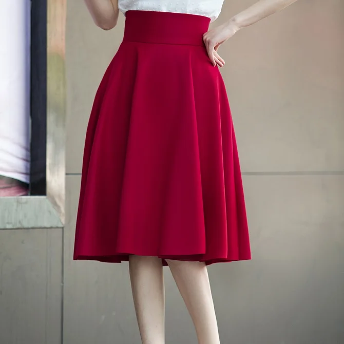 Burgundy 5XL юбка большого размера, юбки с высокой талией, женская белая Плиссированная Юбка До Колена, Saia Midi, розовая черная красная синяя - Цвет: Burgundy