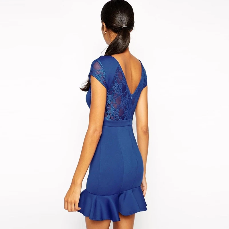 Hot Sale 2015 Elegant Hip-hugging FIguring Lace Split Joint Falbala Boat Neckline Short Sleeve Dress Blue Free Shipping | Женская одежда