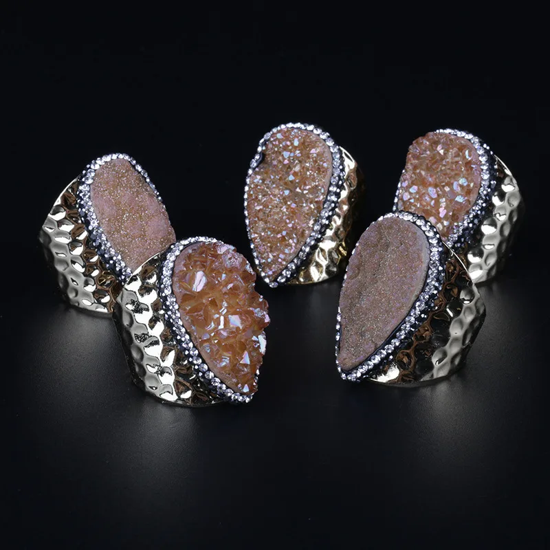 big water tear drop multi colors rough druzy stone bead charm pave rhinestone wide wrap hammered gold open rings cuff for women | Украшения