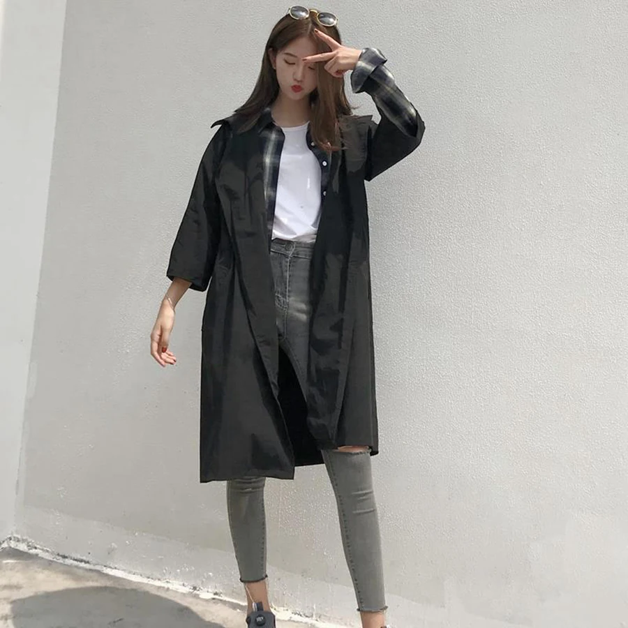 Корейский Винтажный Длинный плащ женский осенний Тренч 2018 модная ветровка