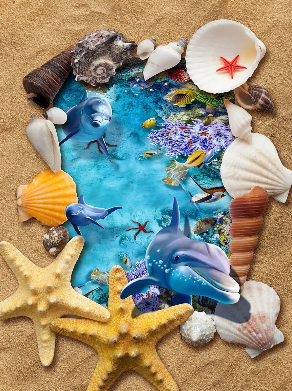

Free Shipping Sea World Dolphin 3D floor painting wear non-slip waterproof bathroom living room square lobby flooring mural
