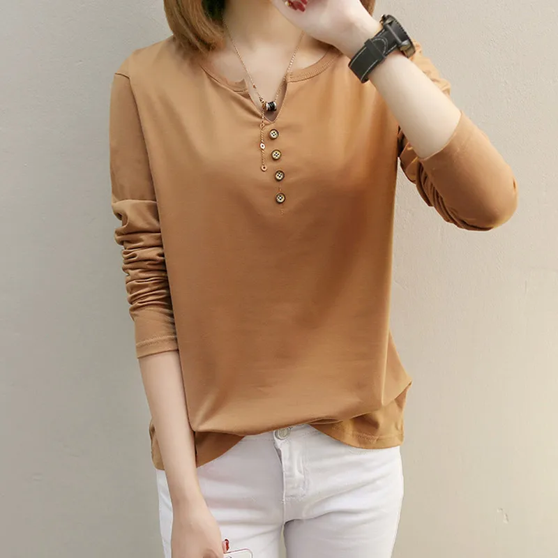 

Newly Women Autumn Long Sleeve Tops T-shirt Solid Color Button Loose Fit Blouse m99