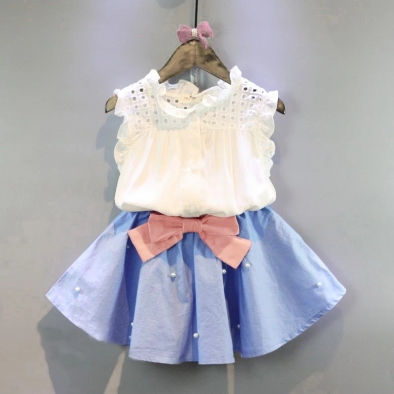 

Girls Clothing Sets Floral Chiffon Flounce dress+Short 2 Pcs Bow Pearl Kids Clothing Sets New Summer Children Suits kids Sets