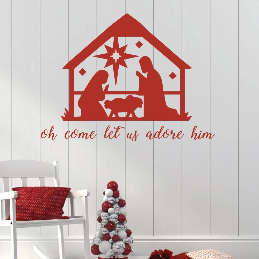 Рождественские украшения для рождества настенные наклейки Oh Come Let Us Adore Him