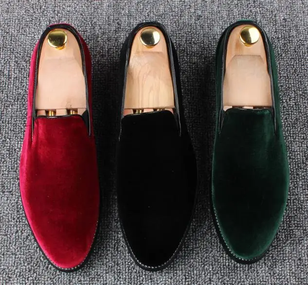 New 2020 Velvet Men Loafers Luxury Brand Shoes Slip on Pointed Toe Party Wedding Fashion Black Green Wine Red | Обувь
