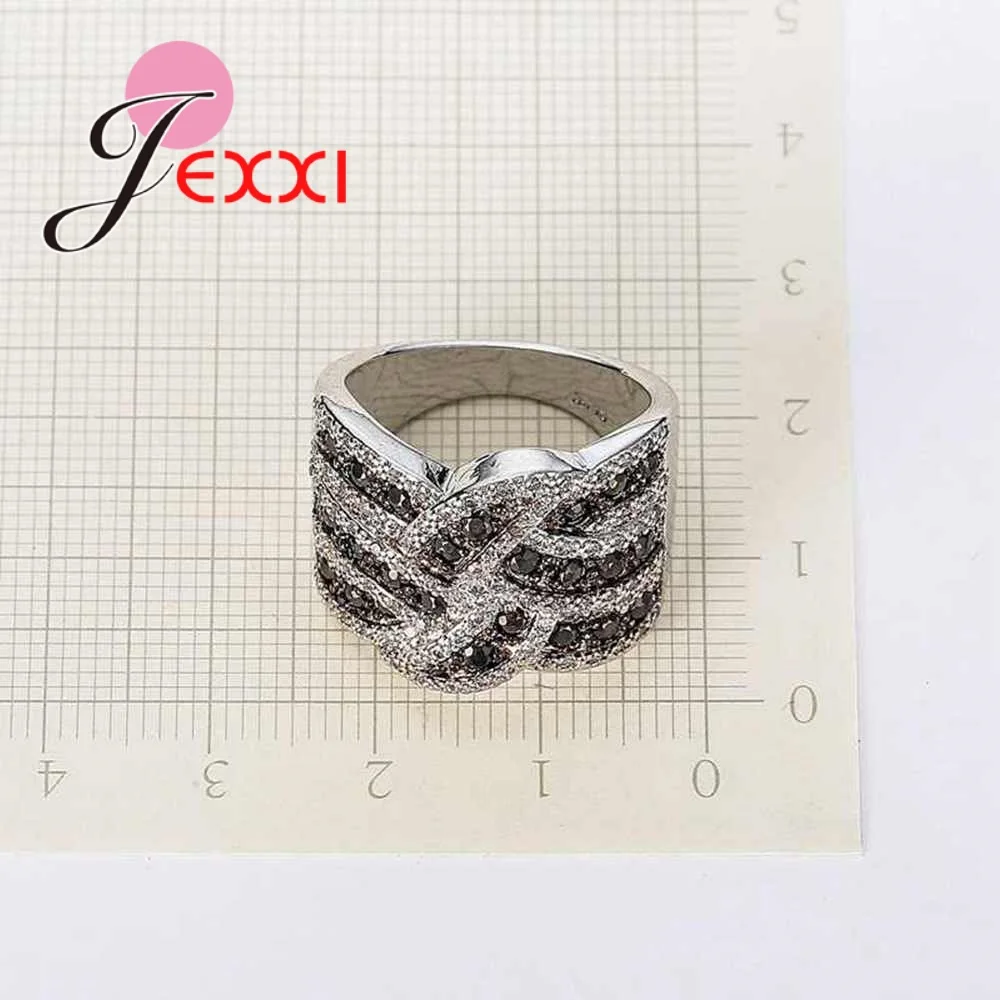 

New Arrival White Black Crystal Cross Ring Fashion Wide Loop Jewelry 925 Silver For Women Girls Holiday Gifts