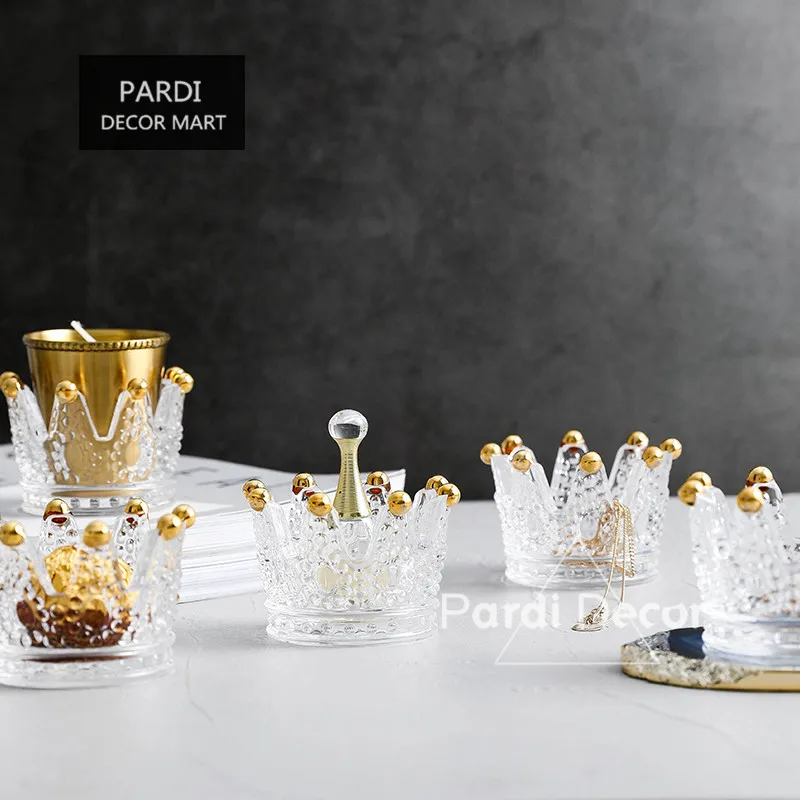 

Hot Gold-plated Glass Crown Candle Holder Jewellery Storage Pot Scented Candles Container Glass Ashtray 1pc/lot